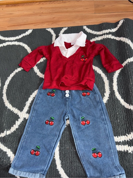 Other - Kids Red Cherry Knit Top & Denim Pants Matching Set